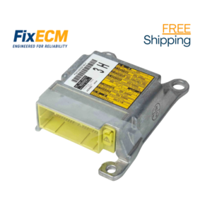 High-quality image showing a vehicle airbag control module (SRS module) professionally serviced by FixECM. The module is removed from the vehicle and bench-tested using specialized diagnostic equipment to reset crash data, clear airbag warning lights, and restore proper SRS system operation.