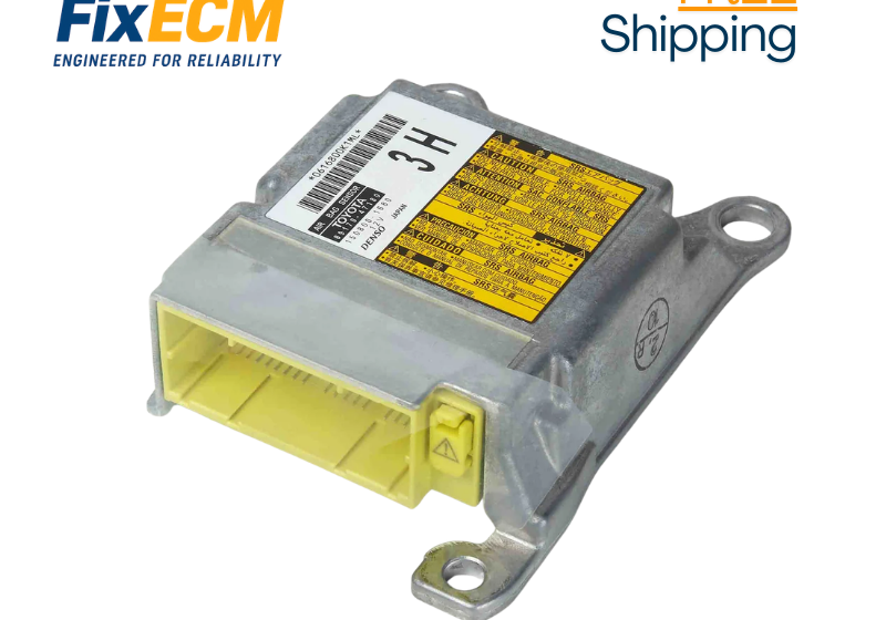 High-quality image showing a vehicle airbag control module (SRS module) professionally serviced by FixECM. The module is removed from the vehicle and bench-tested using specialized diagnostic equipment to reset crash data, clear airbag warning lights, and restore proper SRS system operation.